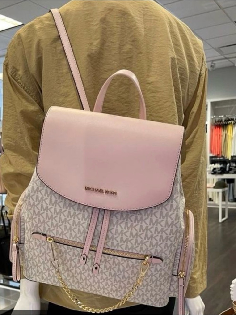 Michael Kors Jet Set Powder Pink Logo-Print Canvas Backpack with Gold Chain - Picture 7 of 7